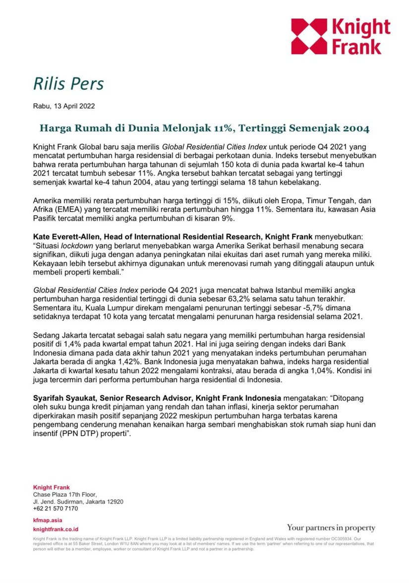 Rilis Pers - Harga Rumah di Dunia Melonjak 11%, Tertinggi Semenjak 2004 | KF Map Indonesia Property, Infrastructure